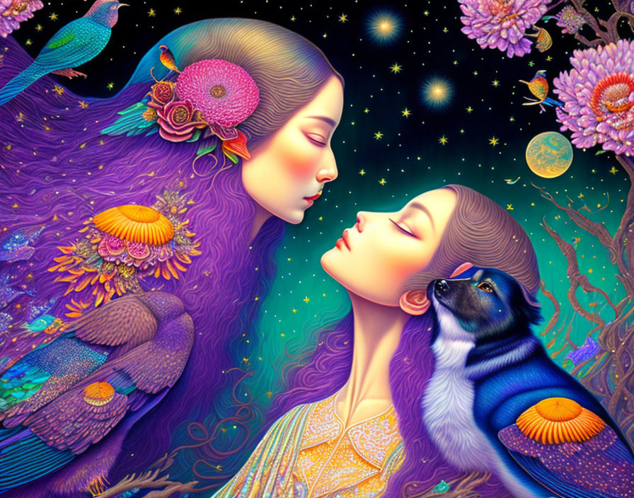 Stylized female figures in cosmic setting with purple hair and dog