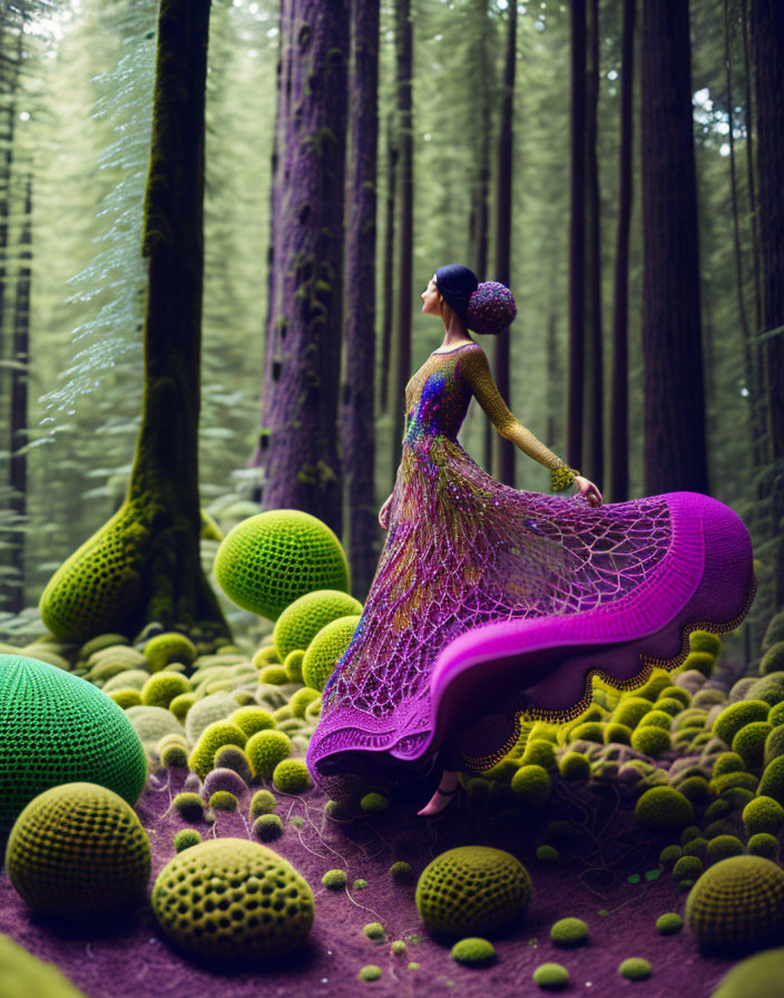 Woman in vibrant dress among oversized green spheres in dark forest