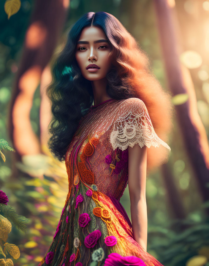Woman in embroidered dress standing in colorful forest