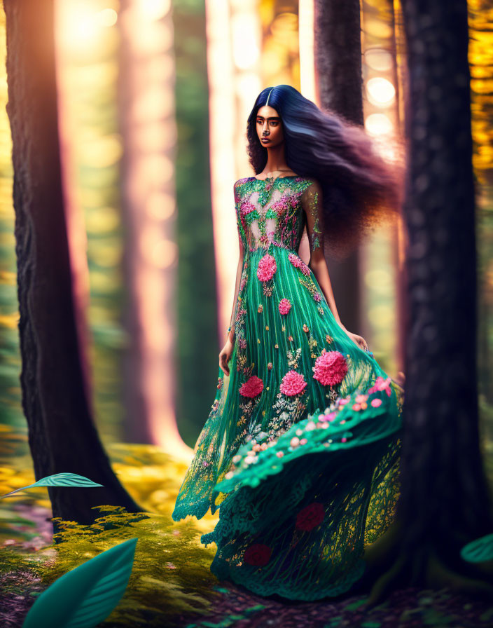 Woman in Green Floral Dress Standing in Sunlit Forest