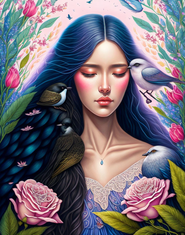 Illustration of woman with blue hair, birds, flowers, vibrant foliage