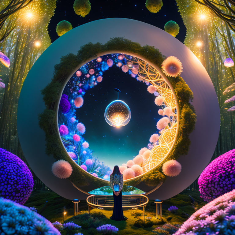 Person standing before circular portal in vibrant, luminescent flora with illuminating orb under starry sky