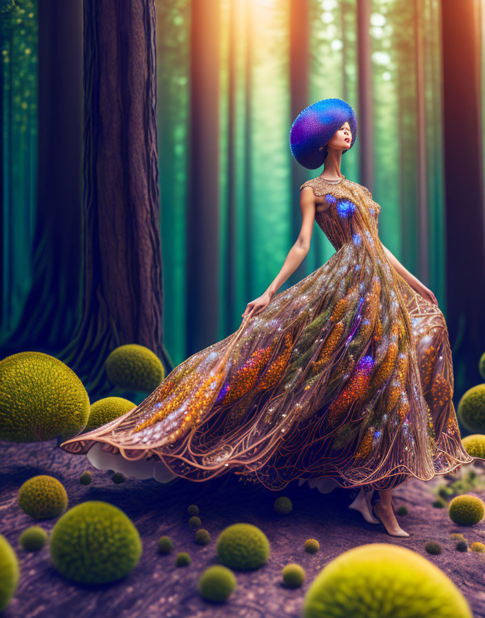 Woman in Sparkling Gown and Blue Spherical Hat in Forest with Green Spheres
