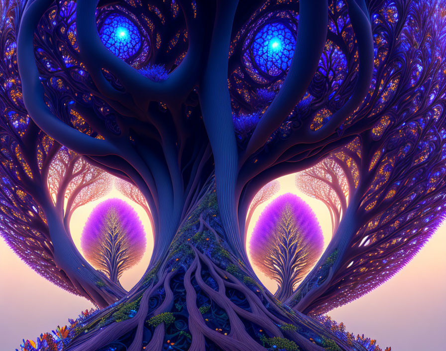 Colorful fractal image of intricate tree branches and glowing orbs against twilight backdrop