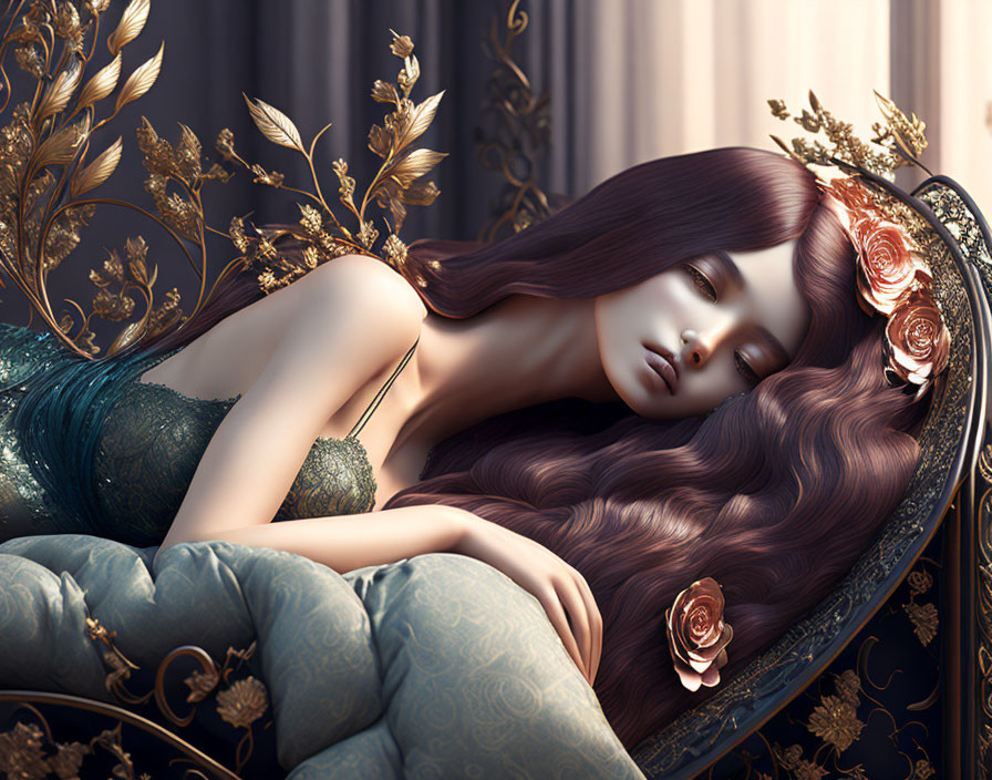 Illustration of woman on ornate couch in serene slumber