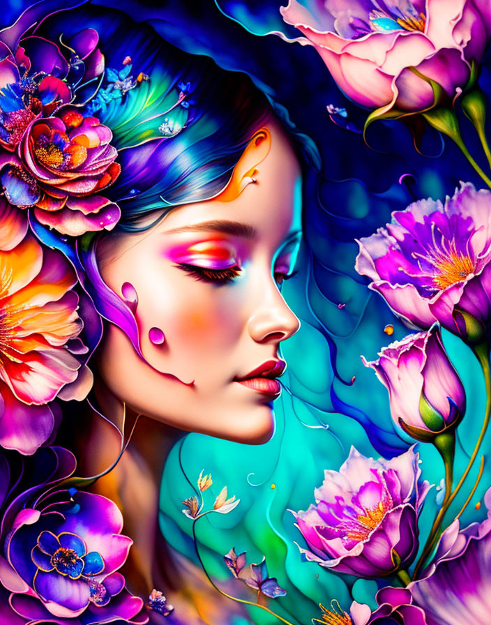 Colorful artwork of woman with integrated floral elements in purple, blue, and pink