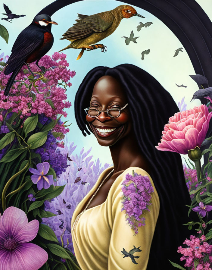 Joyful woman with glasses surrounded by vibrant nature and green arch