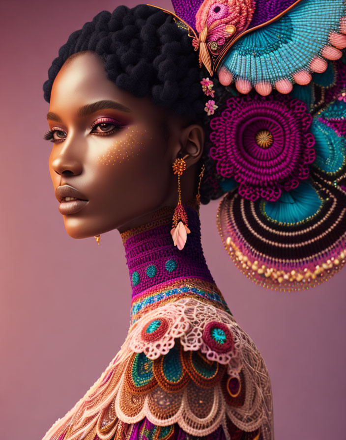 Colorful portrait of a woman with peacock-inspired patterns and elegant textures