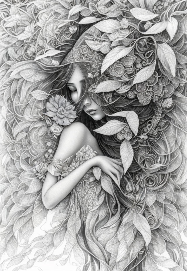 Monochrome artwork of woman adorned with floral patterns