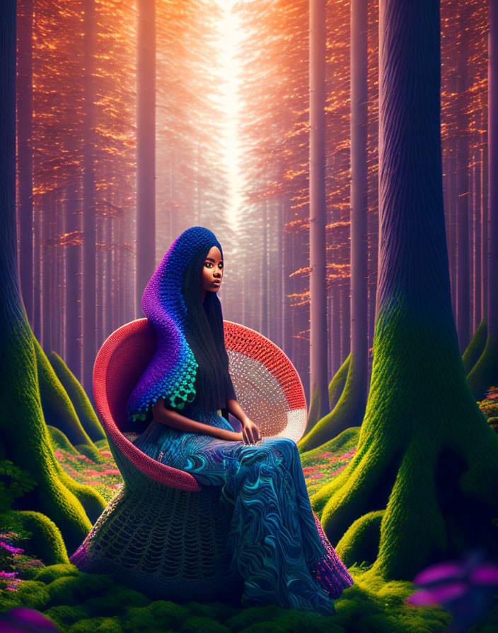 Woman sitting in colorful chair in mystical forest with sun rays.