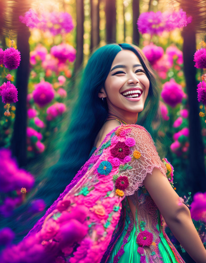 Blue-haired woman in colorful dress laughing in vibrant forest scene