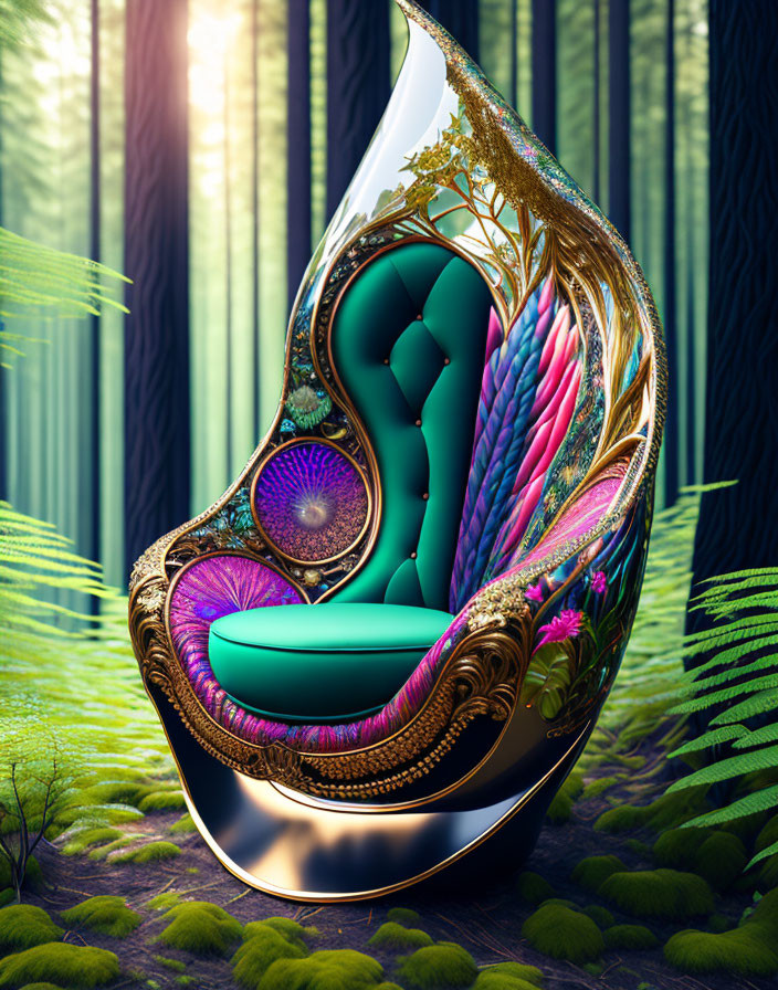 Colorful ornate chair in enchanted forest setting