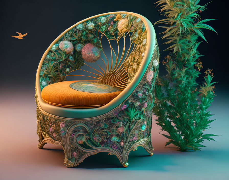 Vintage chair with floral and peacock feather designs, plant, and bird silhouette on orange-blue gradient.