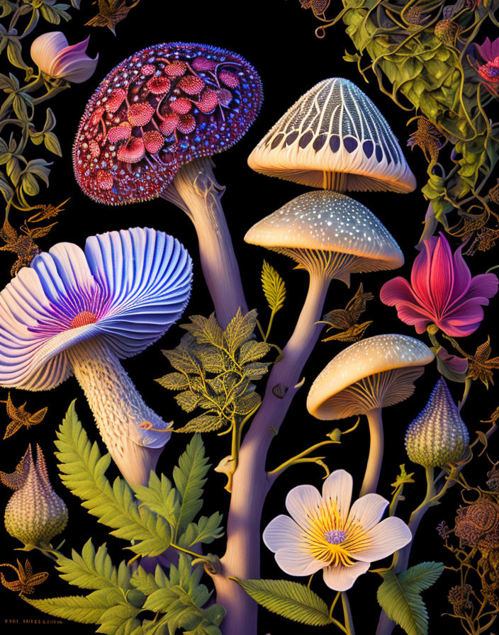Detailed illustration of colorful mushrooms and plants on dark background