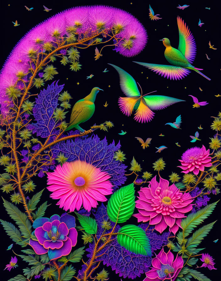 Colorful digital art: Birds flying amid neon flowers and insects on black background