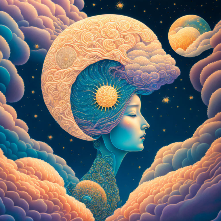 Surreal illustration of woman with brain cosmos and celestial elements