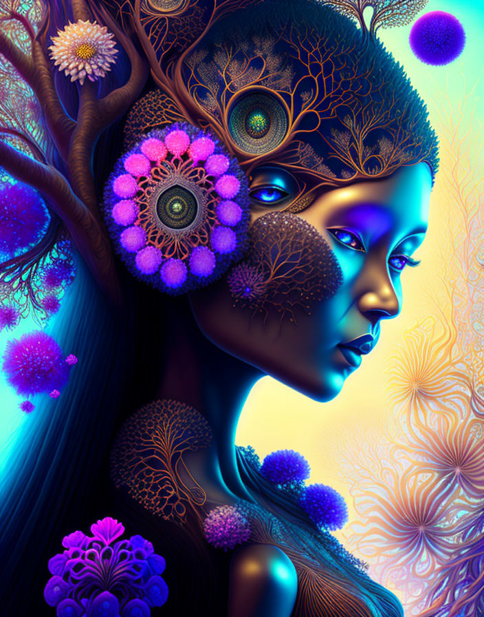 Colorful Woman Illustration with Flora and Tree Elements in Purple, Blue, and Gold