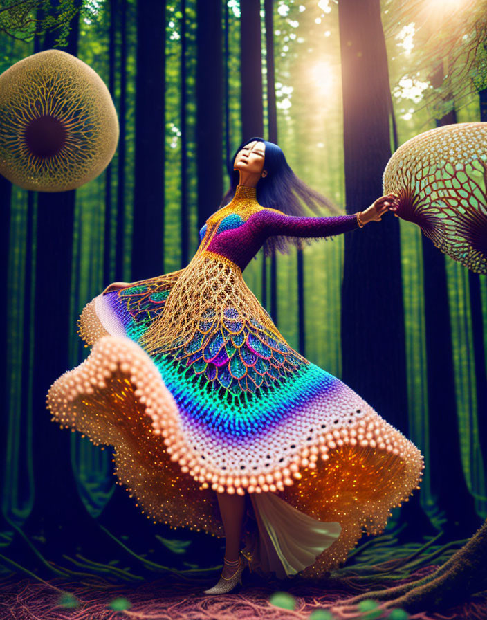 Woman in Vibrant Dress Standing in Mystical Forest with Sunlight Filtering Through Trees