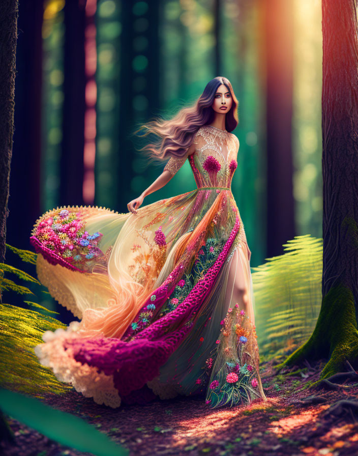 Colorful flowing hair doll in sunlit forest