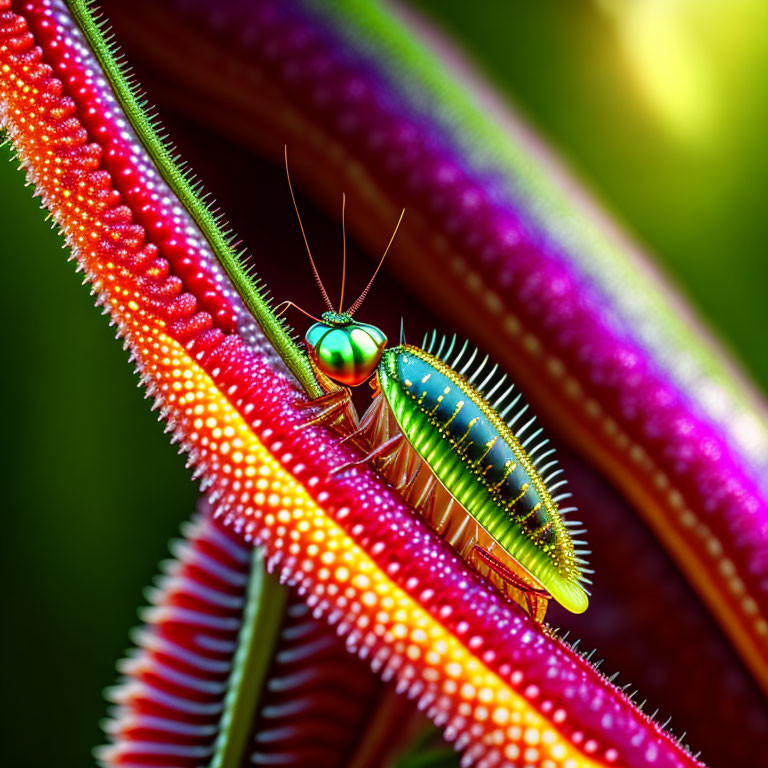 Iridescent green insect on colorful plant leaf with soft-focus background