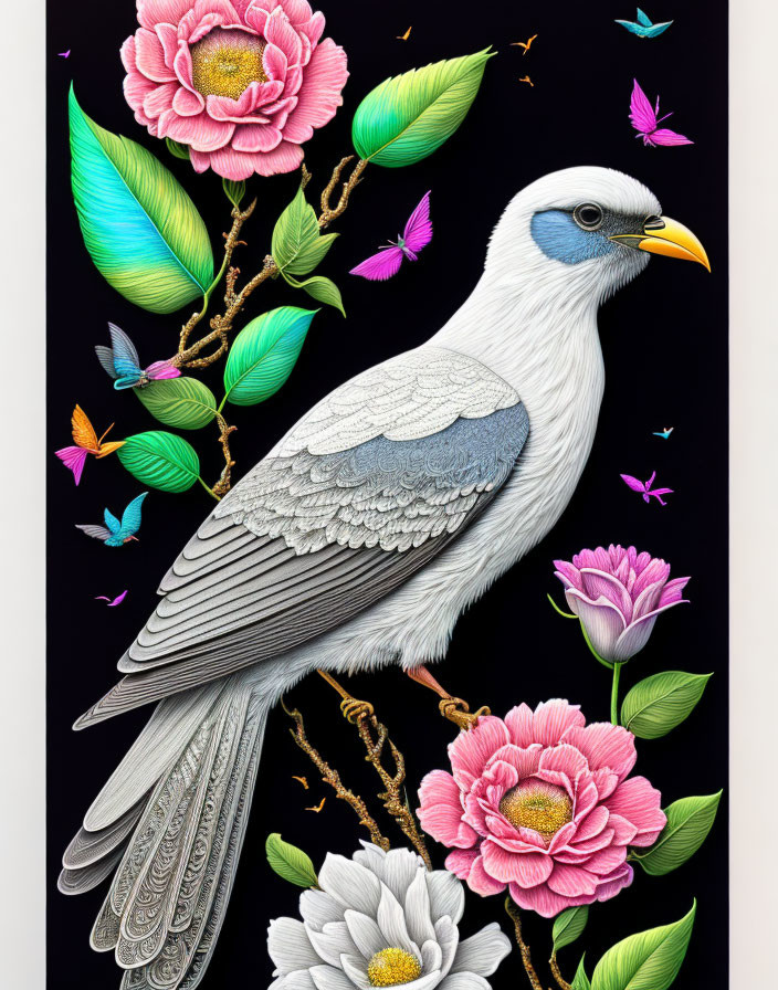 Colorful bird and butterflies on branch with flowers in vibrant illustration