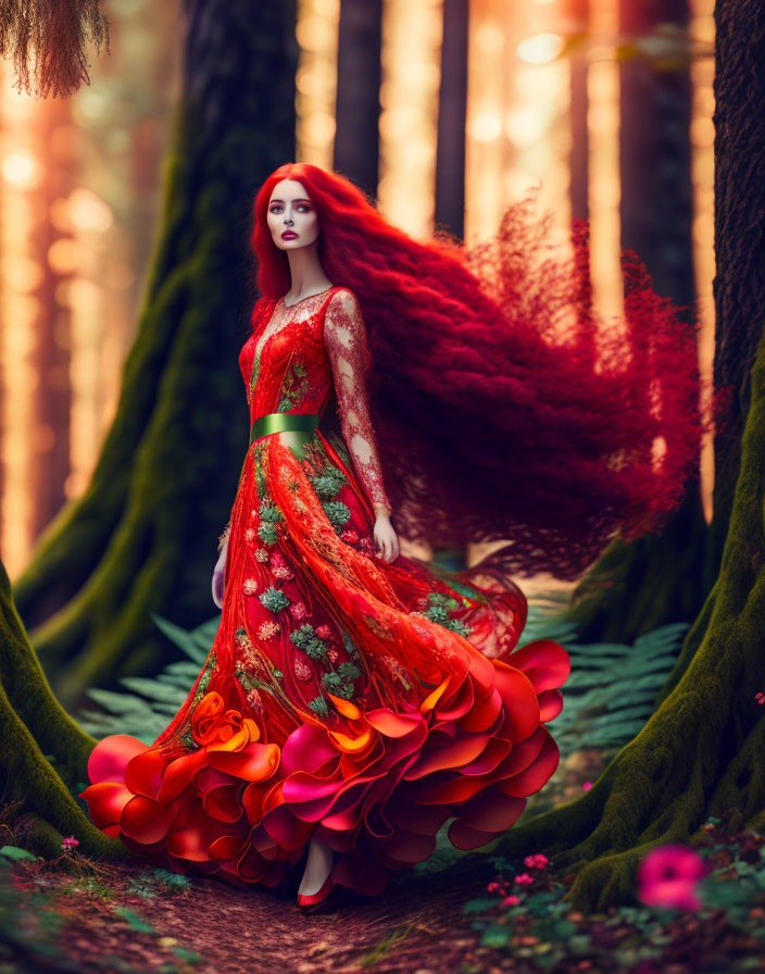 Red-haired woman in floral gown in mystical forest with sunlight filtering through trees