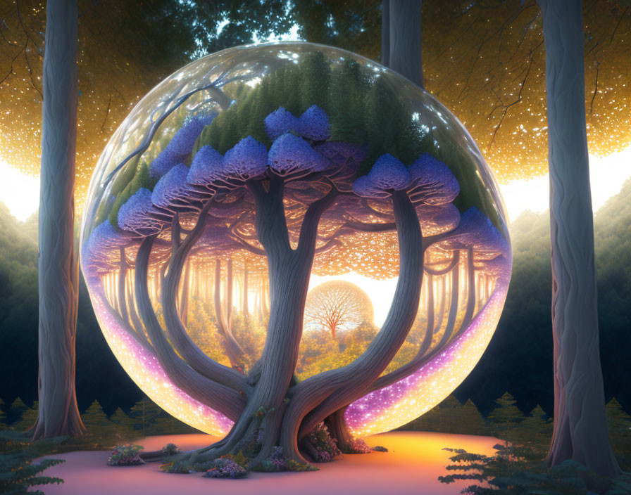 Enchanted forest with trees in transparent bubble, warm glow, surrounded by more trees.