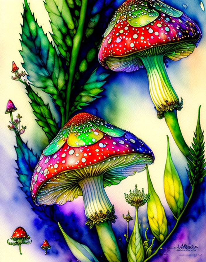 Colorful Fantasy Mushroom Illustration with Dotted Caps and Green Foliage