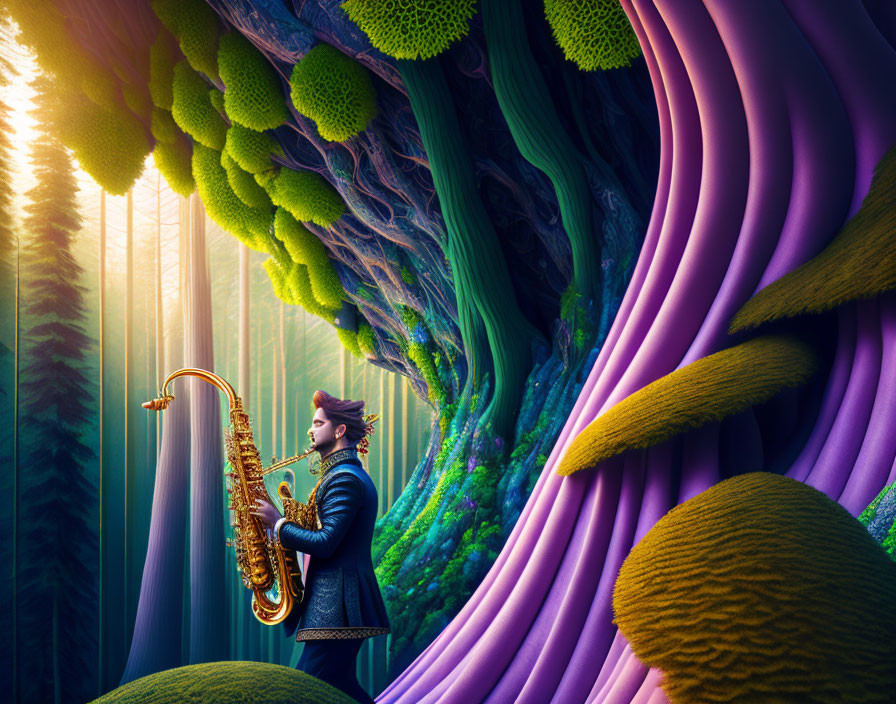 Person in vintage outfit playing saxophone in surreal forest