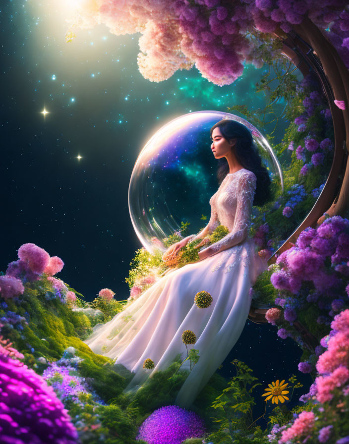 Woman in white dress in magical garden with purple flowers, floating bubble, starry sky