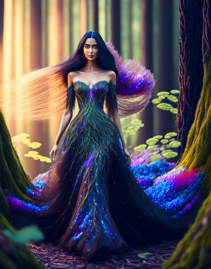 Vibrant peacock-themed gown in enchanted forest with luminescent plants