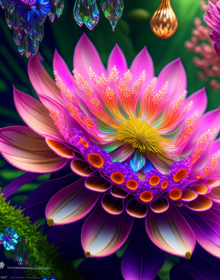 Colorful digital artwork: Fantastical flower with luminous petals, orbs, and butterfly creatures