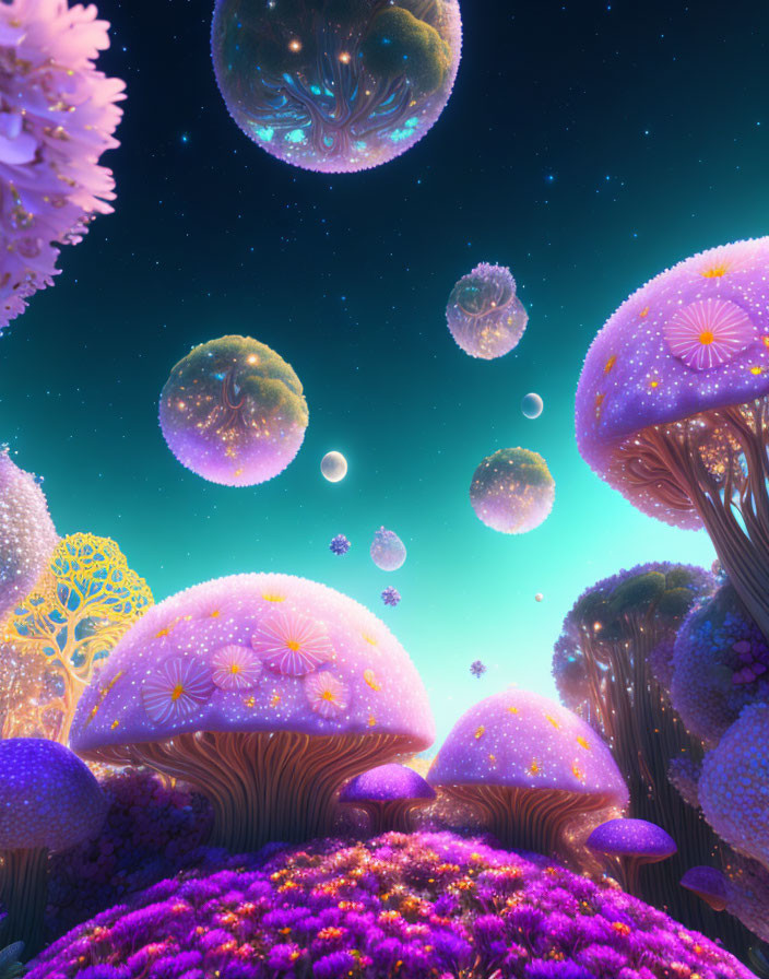 Fantastical landscape with oversized mushrooms and celestial bodies