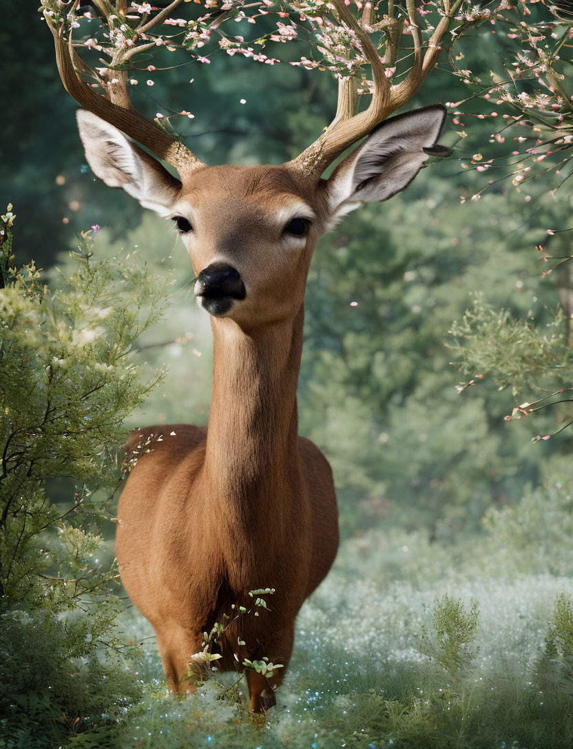 Majestic deer with large antlers in lush green forest