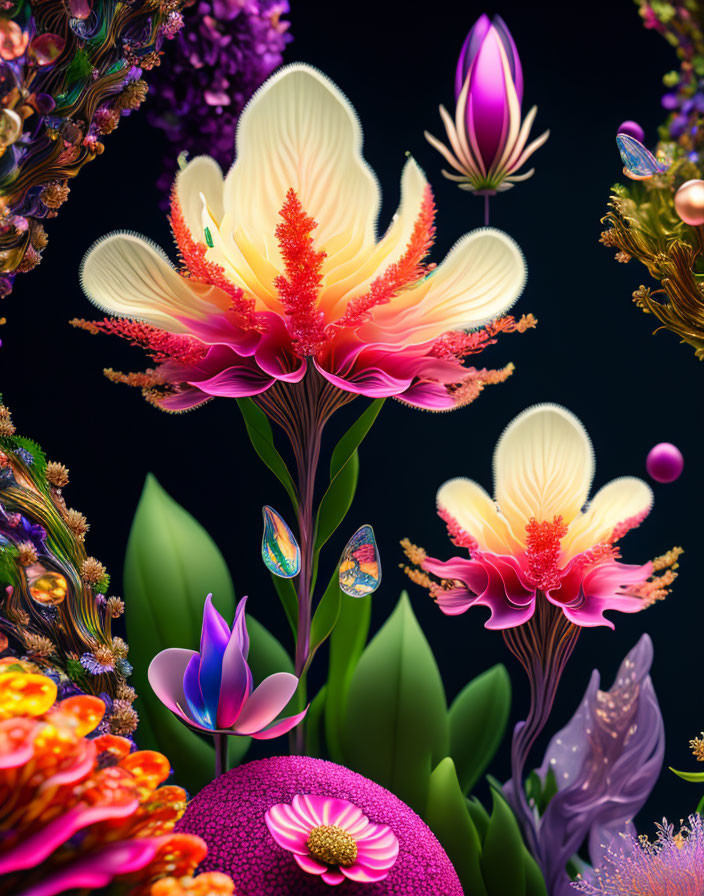 Colorful Stylized Flowers Artwork with Yellow and Pink Bloom