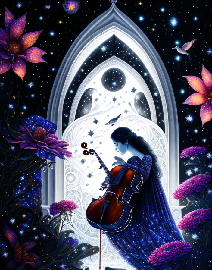 Woman playing violin in starry night setting with purple flowers and celestial bodies in window