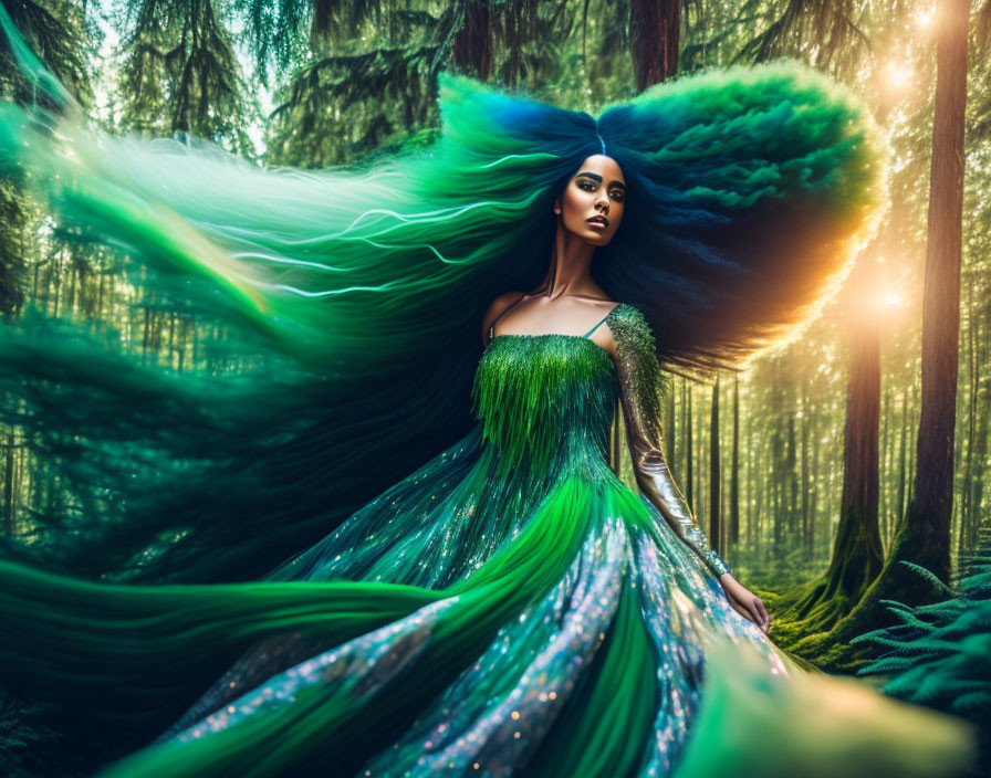 Woman in Green Flowing Dress Blends with Forest Surroundings