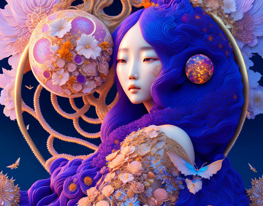 Fantastical illustration of woman with blue hair and golden flowers.