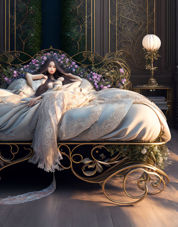 Luxurious room with woman on ornate bed and golden accents