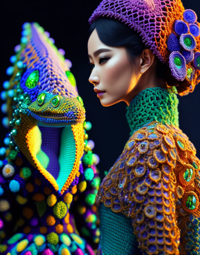 woman in crochet Lizardscape dress dancing, maxima