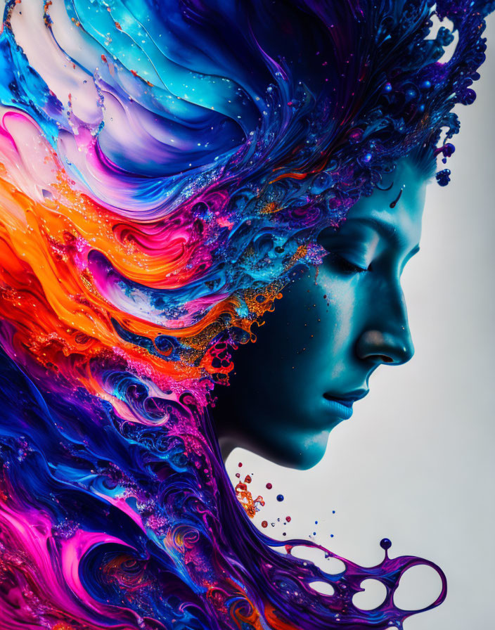 Colorful Side Profile Portrait with Swirling Hair and Background