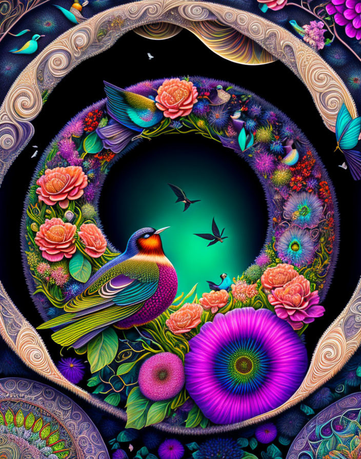 spiral filled with birds, wines, grass, flowers, f