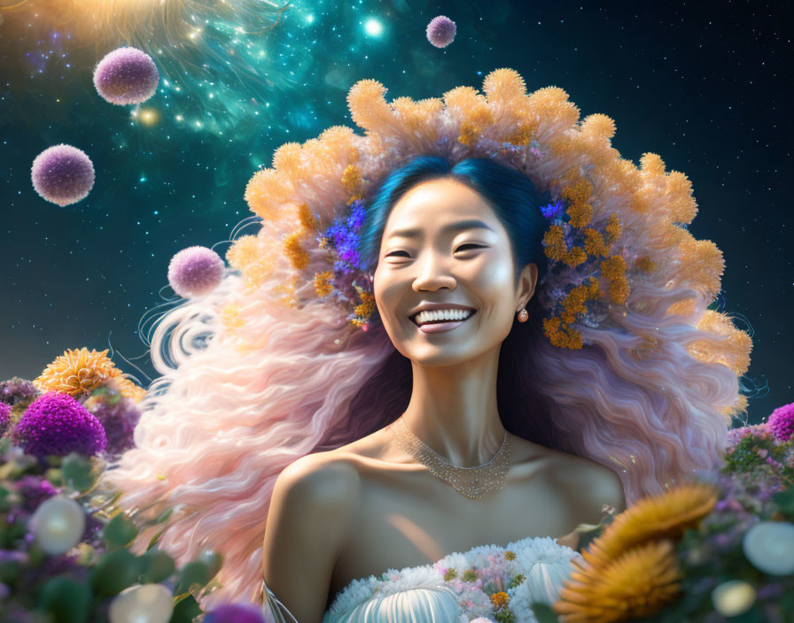Woman with Floral Headdress in Cosmic Setting