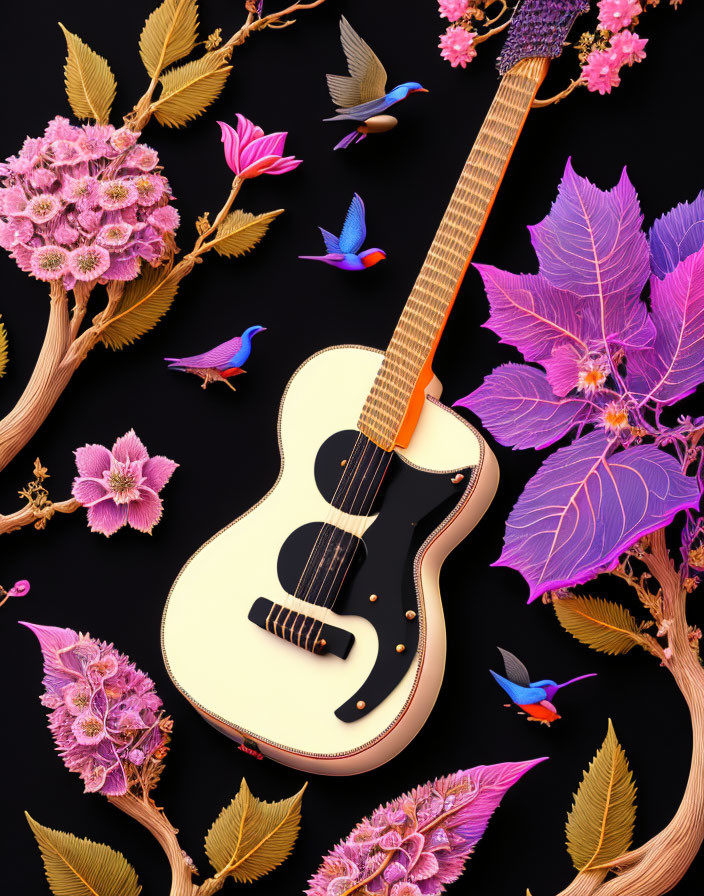 Colorful Birds and Floral Illustrations Surround Guitar on Dark Background
