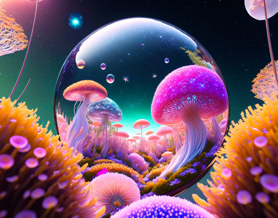 Vibrant oversized mushrooms under starry sky on alien terrain