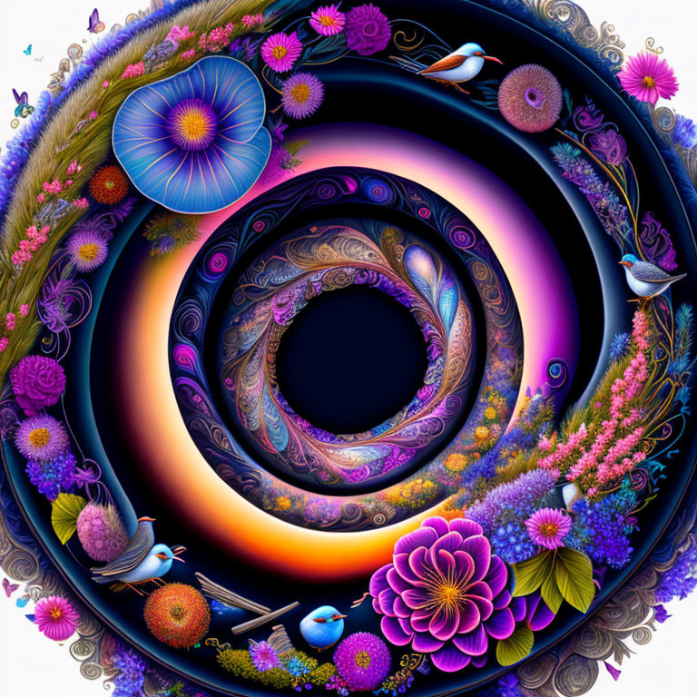 Colorful Circular Fractal Image with Flowers, Birds, and Ornate Patterns in Blues, Purp