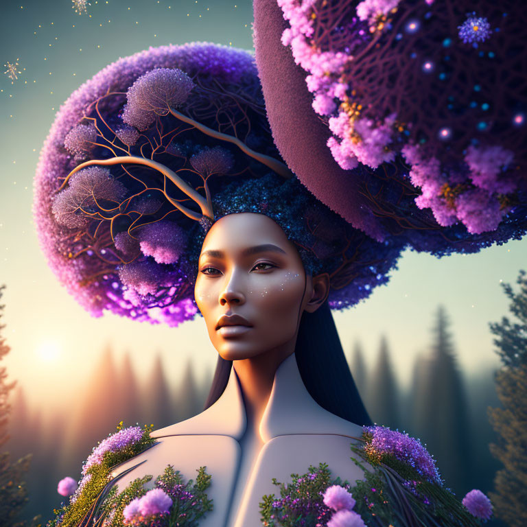 Surreal portrait of woman with purple tree-like hair in twilight forest