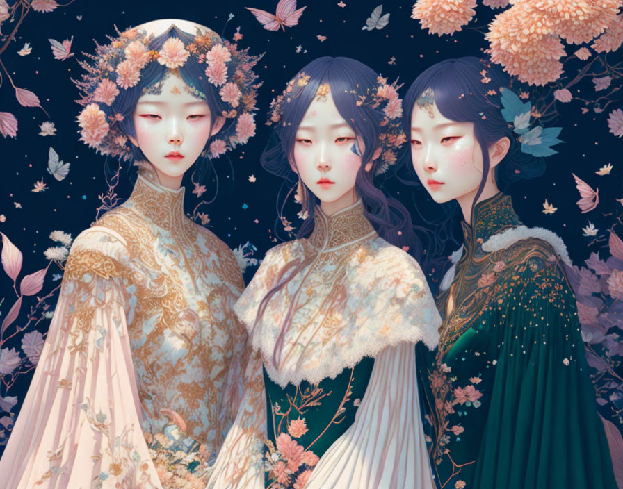 Ethereal figures in traditional attire surrounded by lush floral backdrop