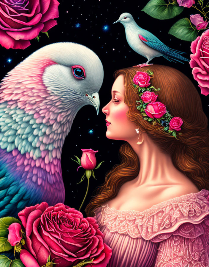 Woman with floral crown admires pigeon amidst roses and starlit sky