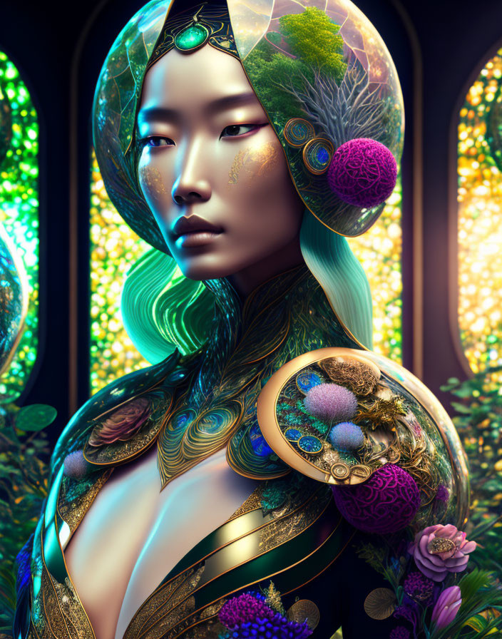 Fantastical woman in headdress and armor with nature elements and golden patterns.